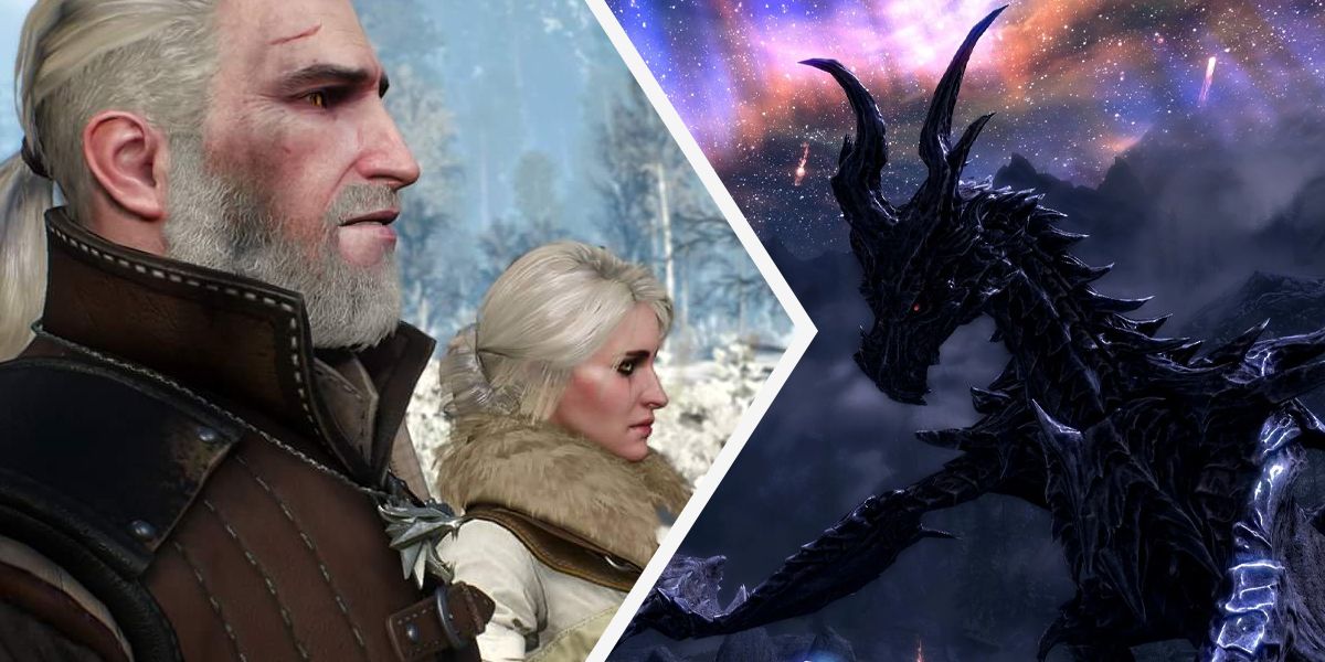 Geralt and Ciri from The Witcher 3 and Alduin from Skyrim