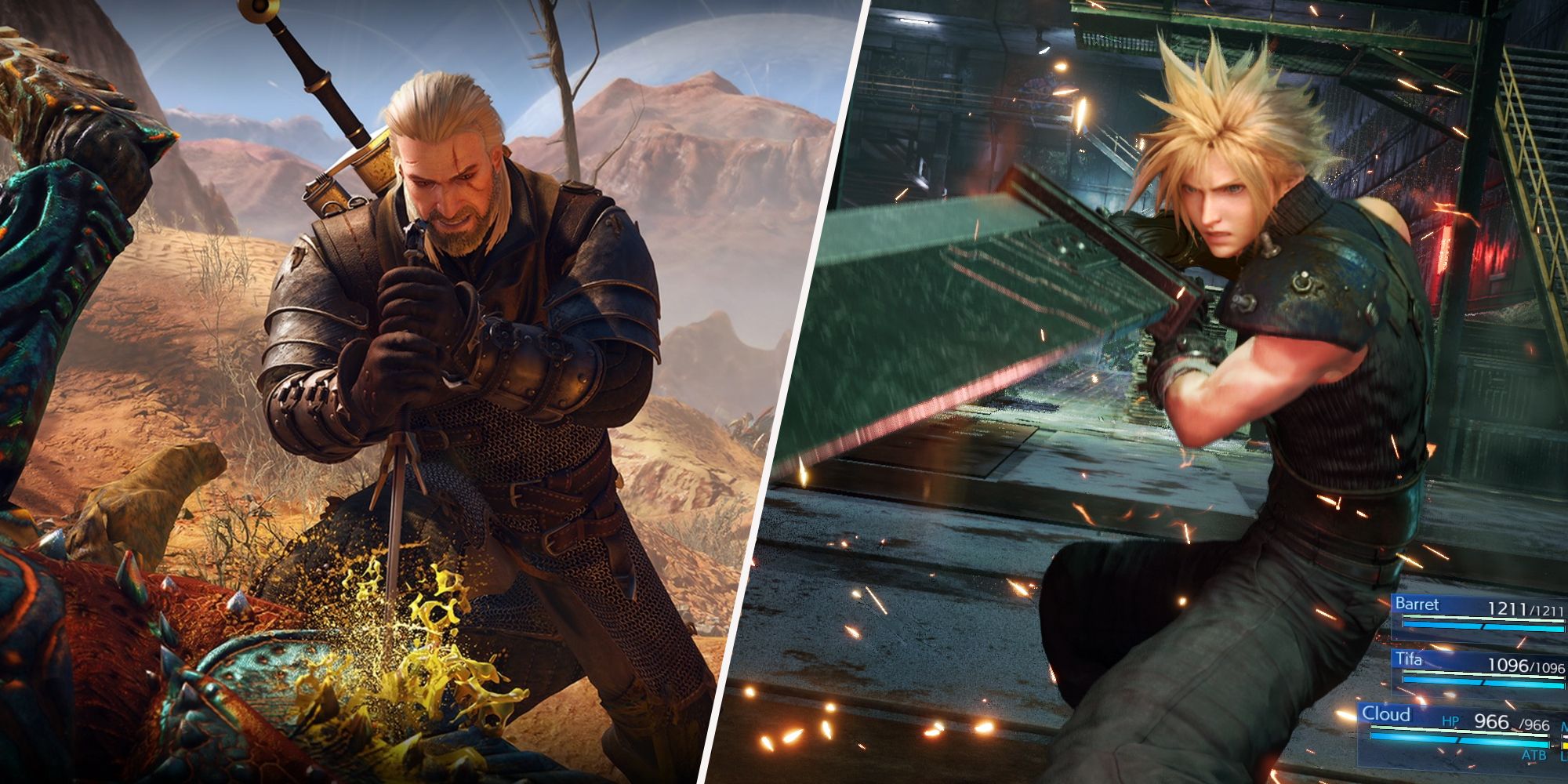 The Witcher 3 Geralt of Rivia Slaying Beatle Creature and Final Fantasy 7Cloud In Battle With Buster Sword