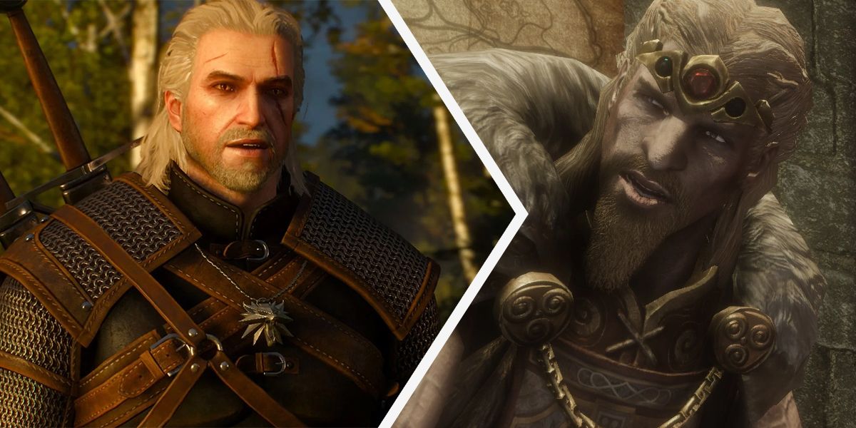 Geralt of Rivia from The Witcher 3 screenshot and Jarl Balgruuf from Skyrim