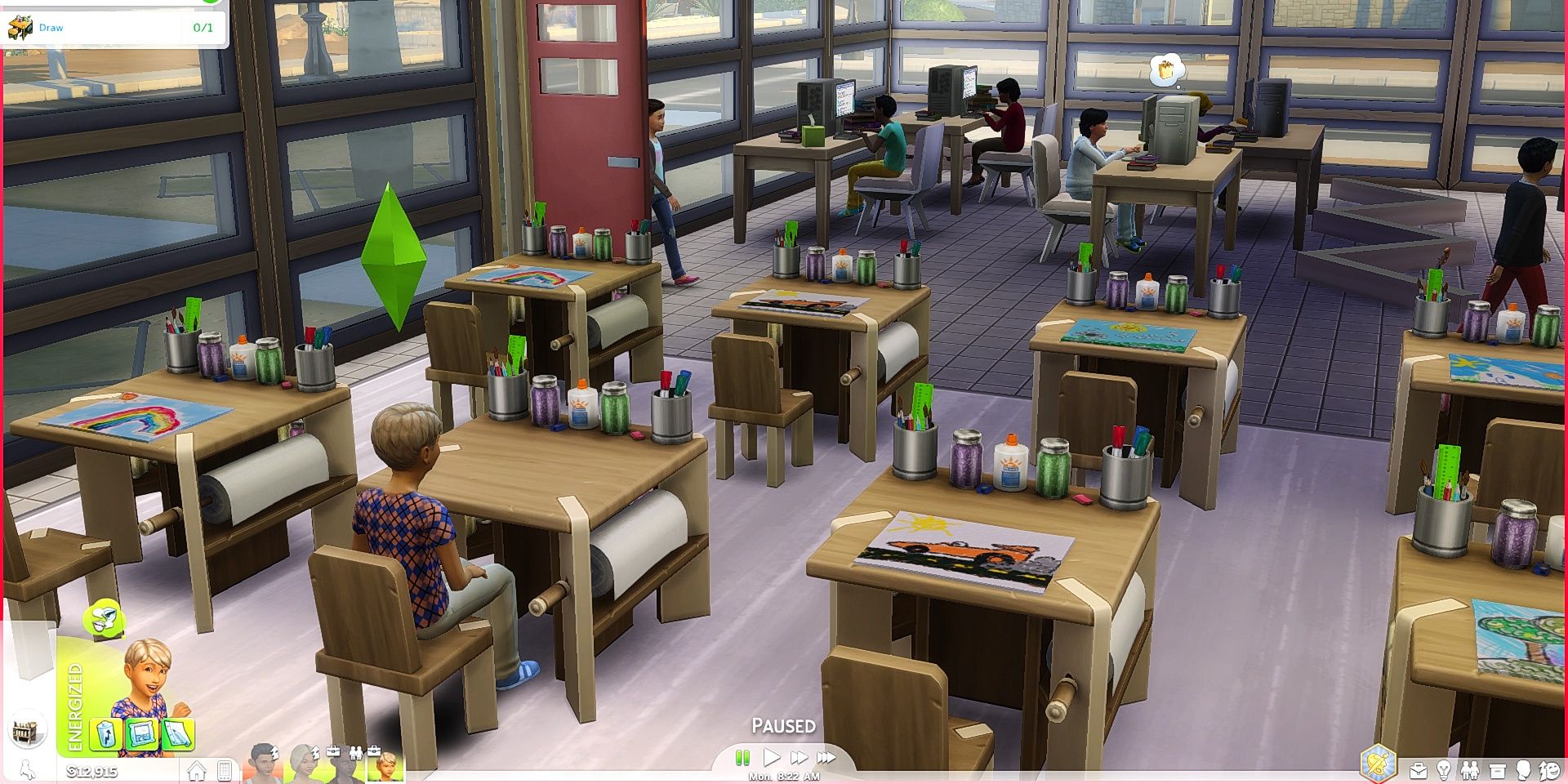Children sitting at school desks in the Sims 4