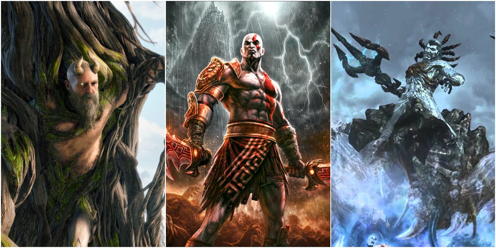 Split images of gods and Kratos in God of War