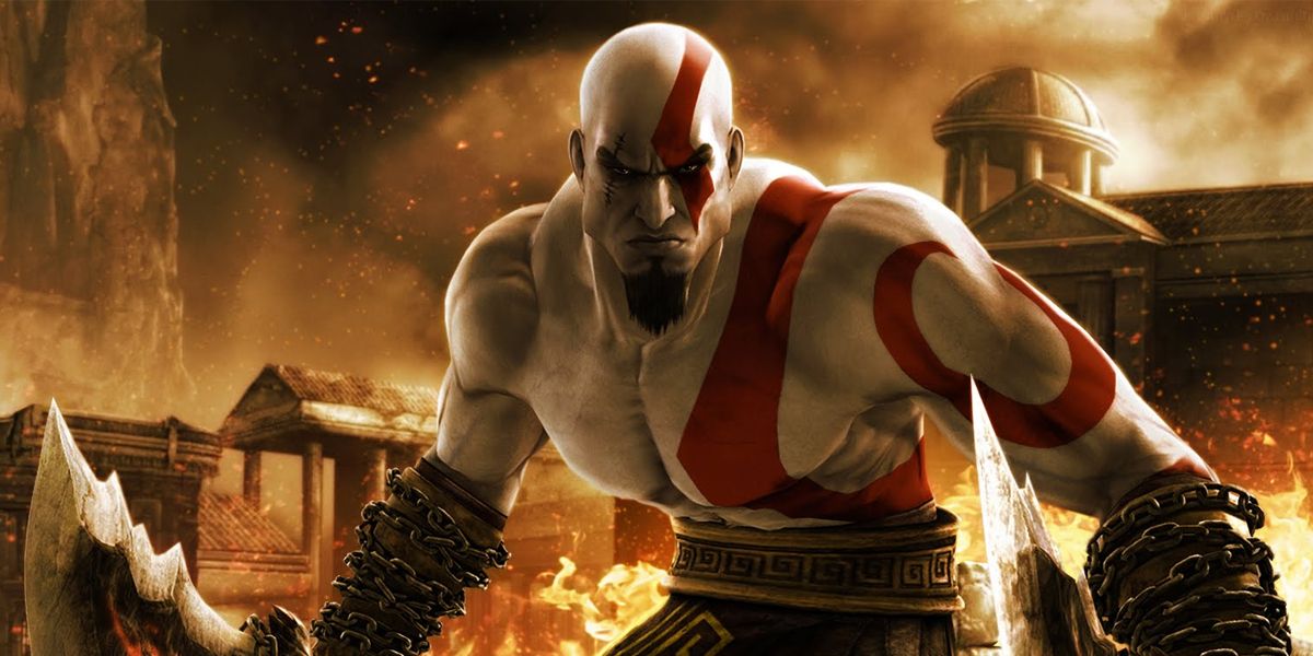 God of War Kratos Standing in front of burning olympus