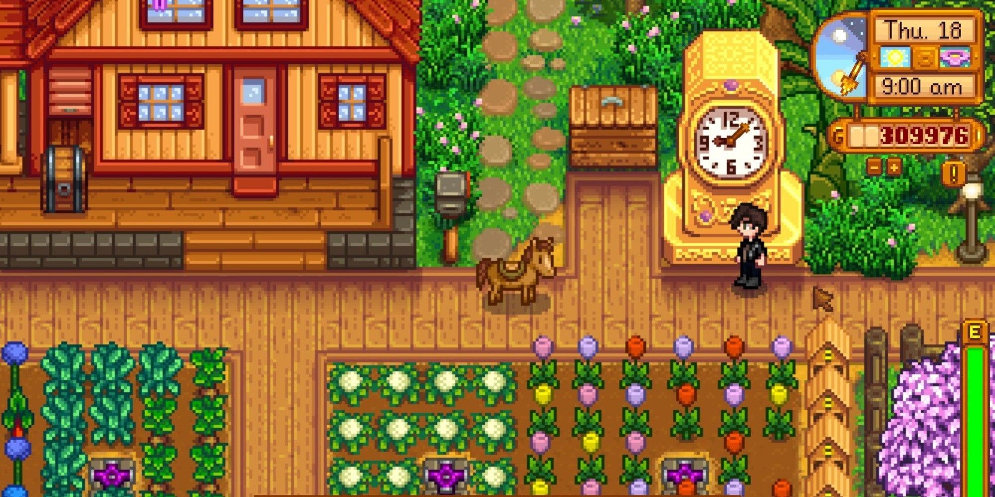 player and horse standing next to golden clock on farm