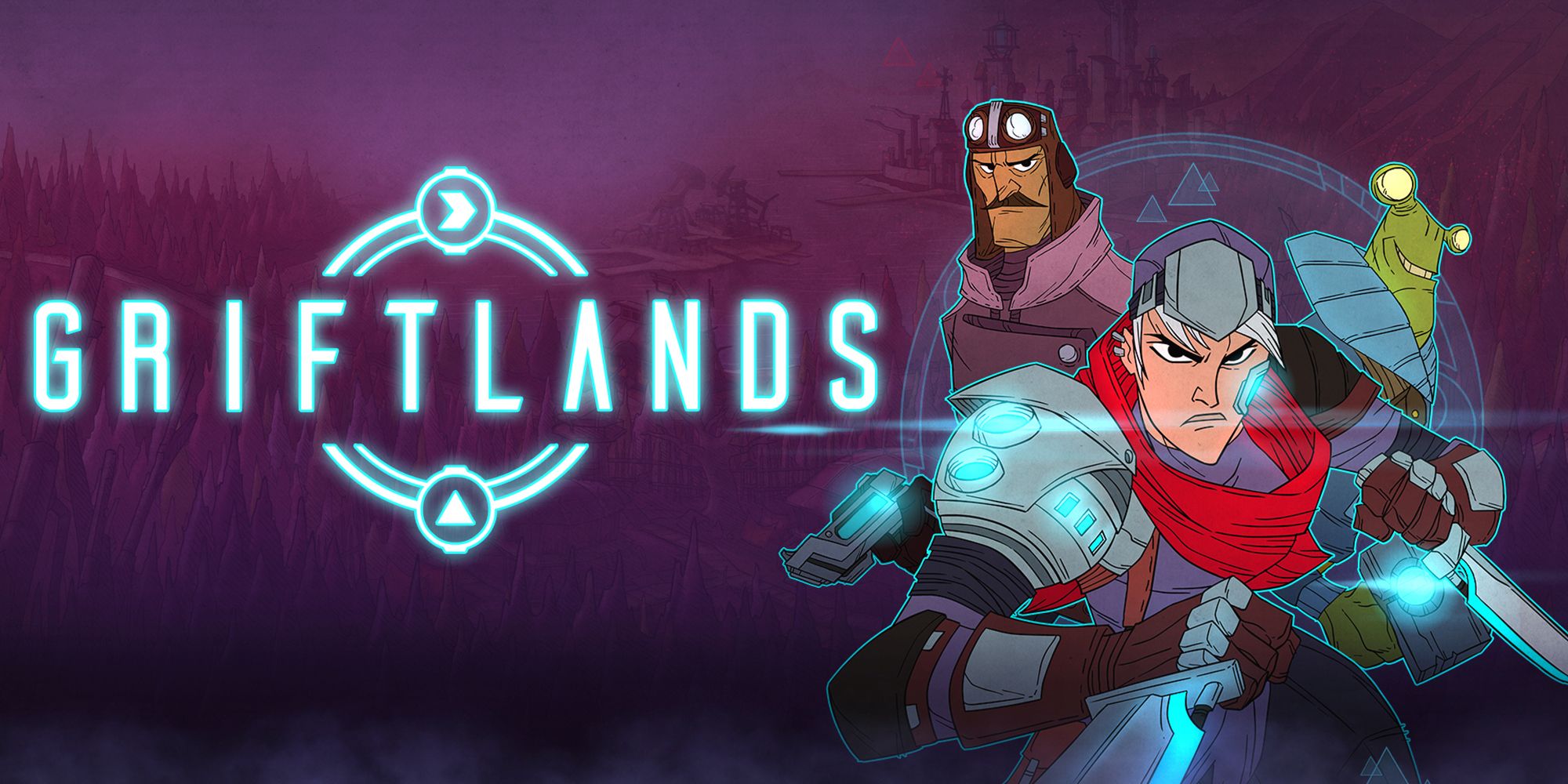 Griftlands Official Art, showing the three main characters next to the game's logo