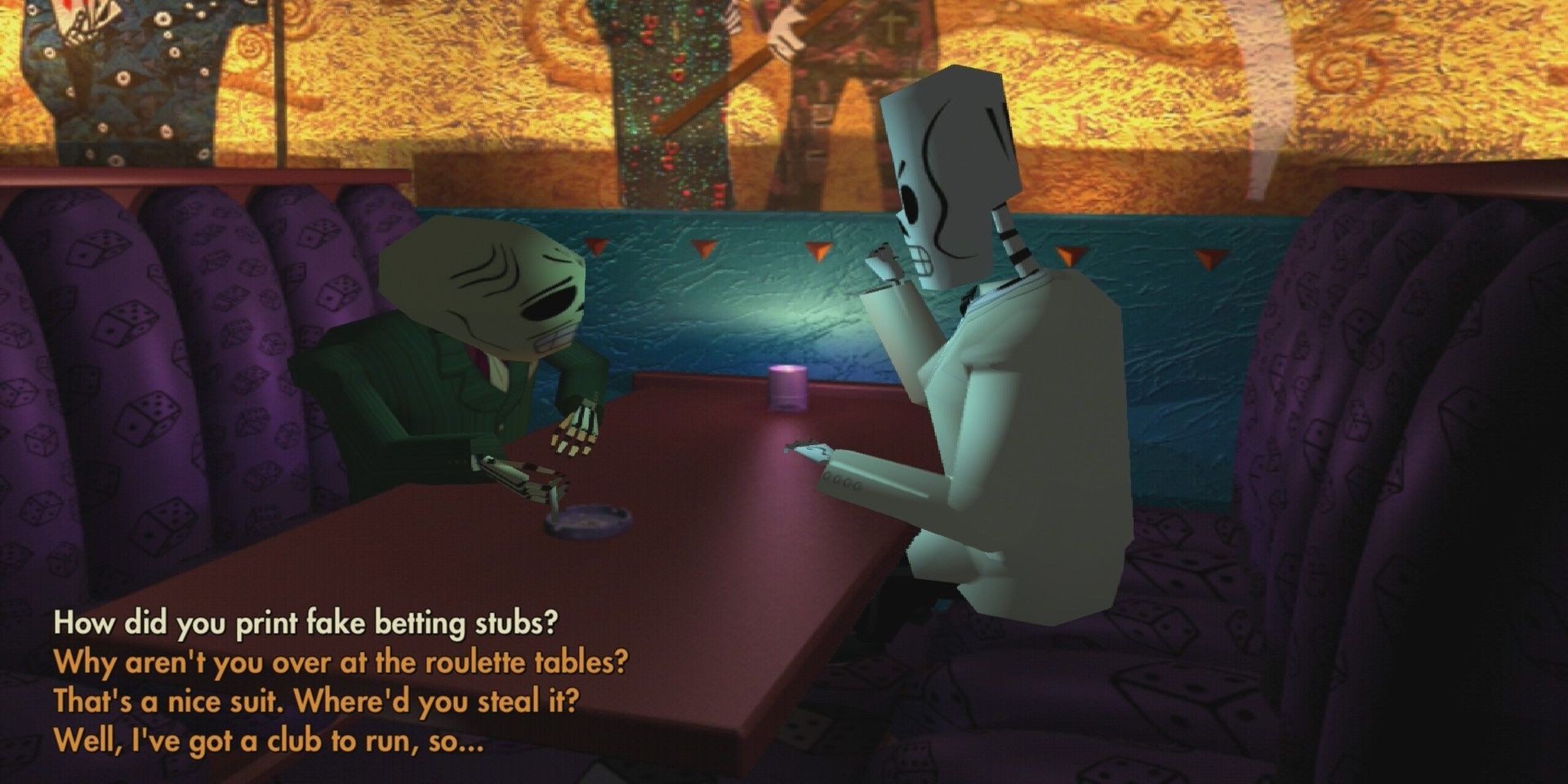 Manny talking with an individual in the casino in Grim Fandango