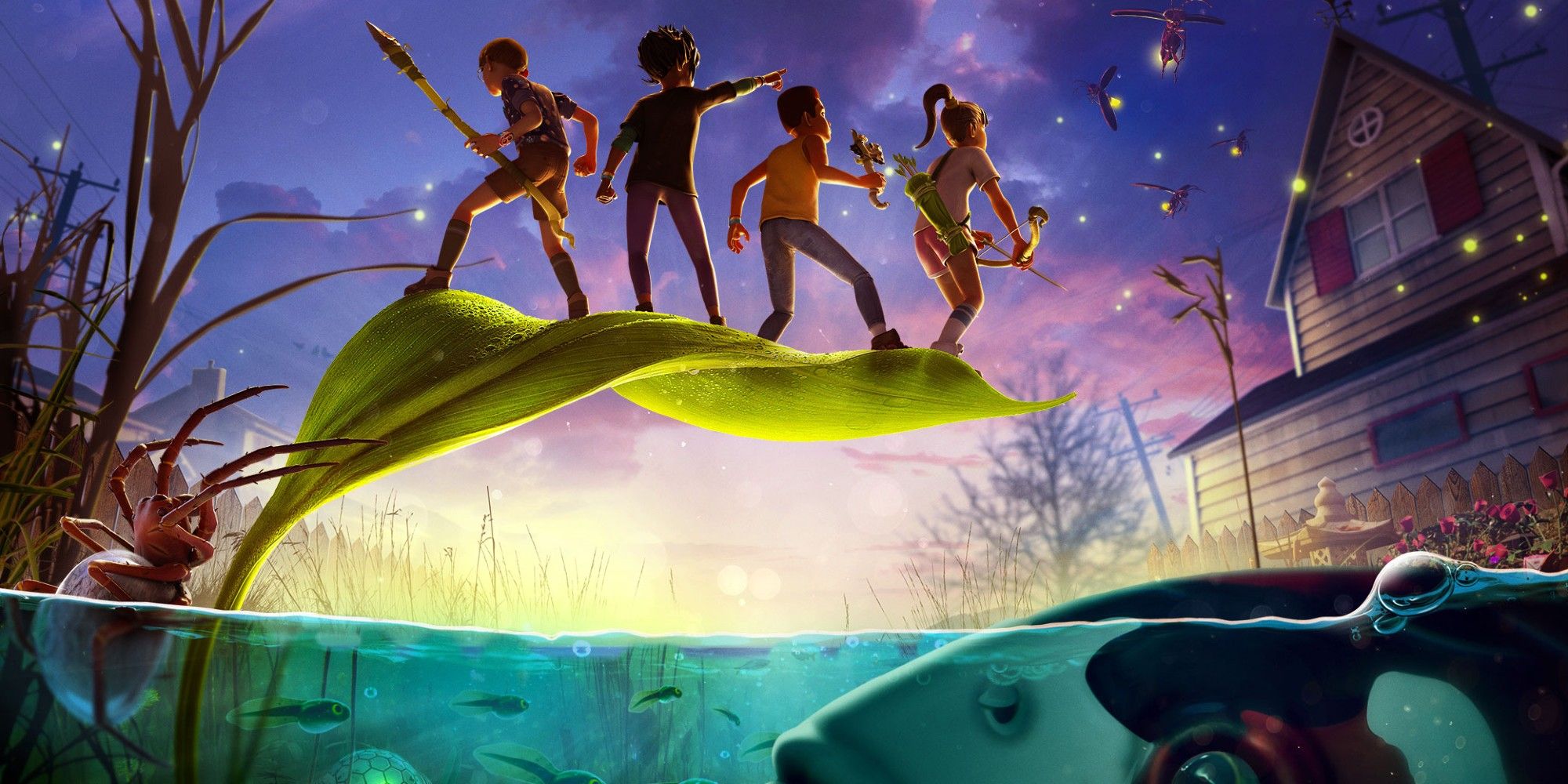 The four main characters stand on a leaf above the pond in Grounded.