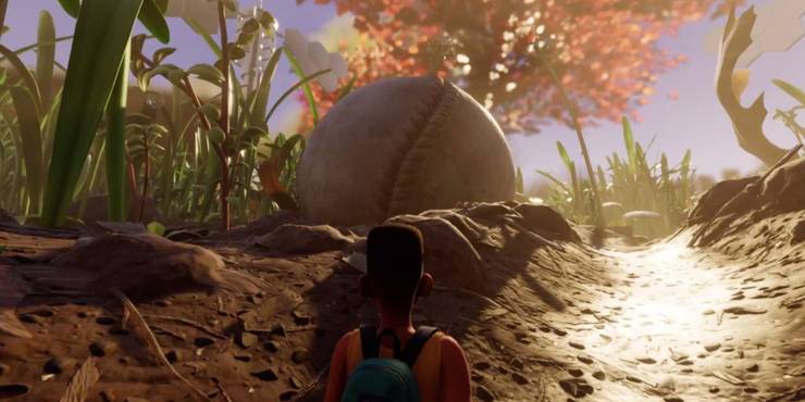 Max looks at a giant baseball in the dirt in Grounded.