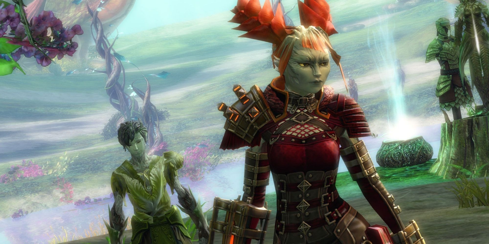 Guild Wars 2 - Scarlet Briar Promo Image (Scarlet Briar on right in foreground, small green sylvari on left in background)