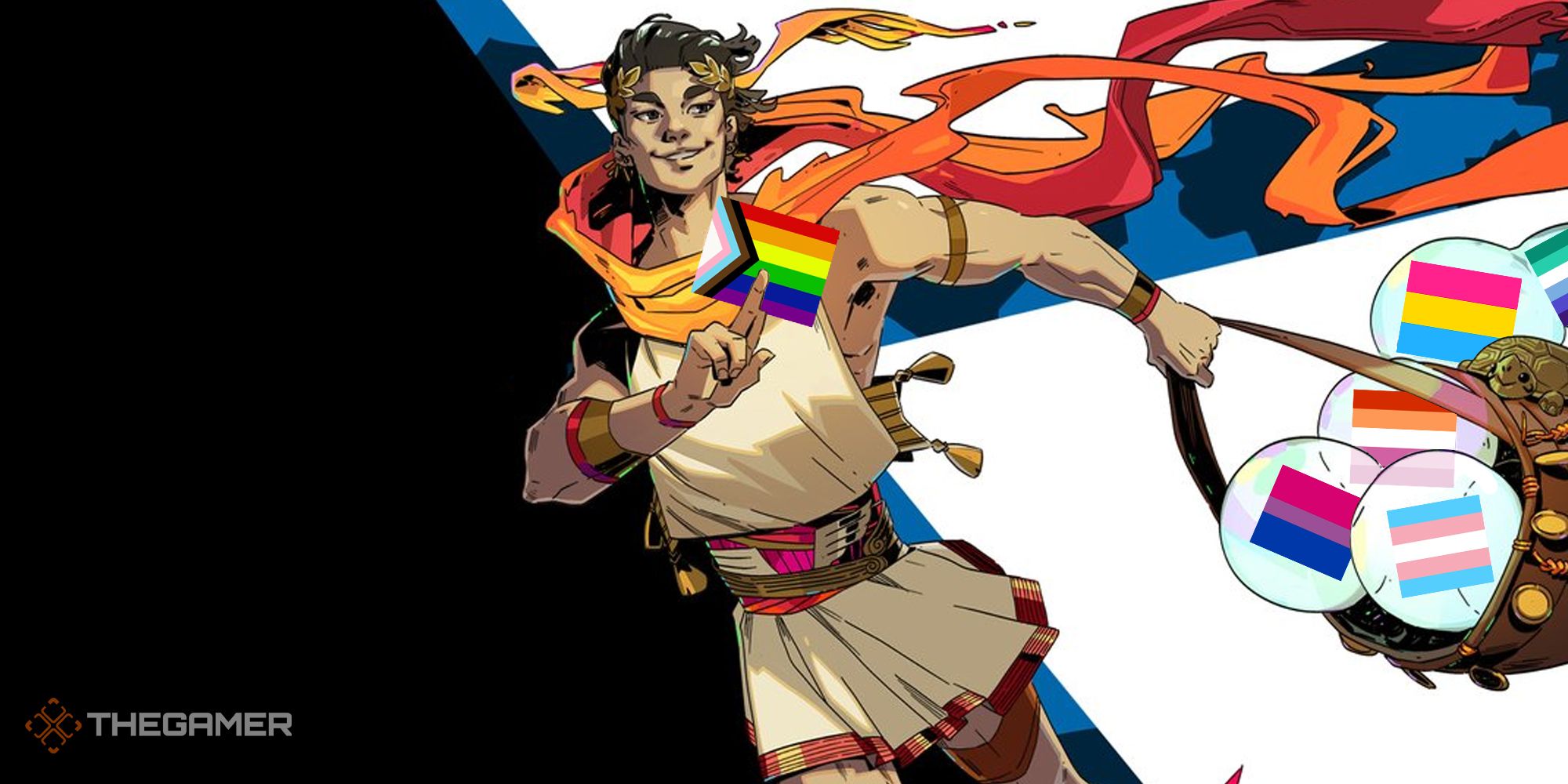 hermes in hades with a bag full of queer flags