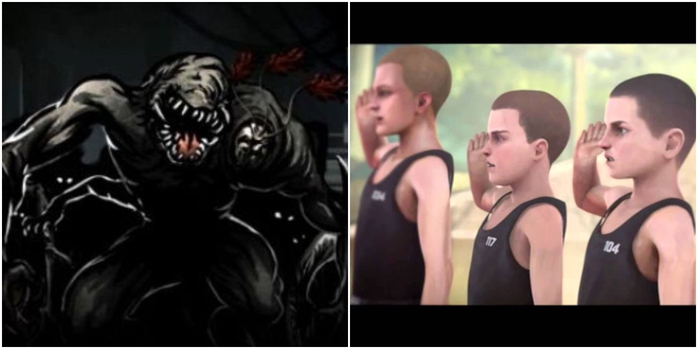 A flood infected elite in the Halo Evolution Mona Lisa comic (left) and kids training to become Spartans in the Fall of Reach movie (right)