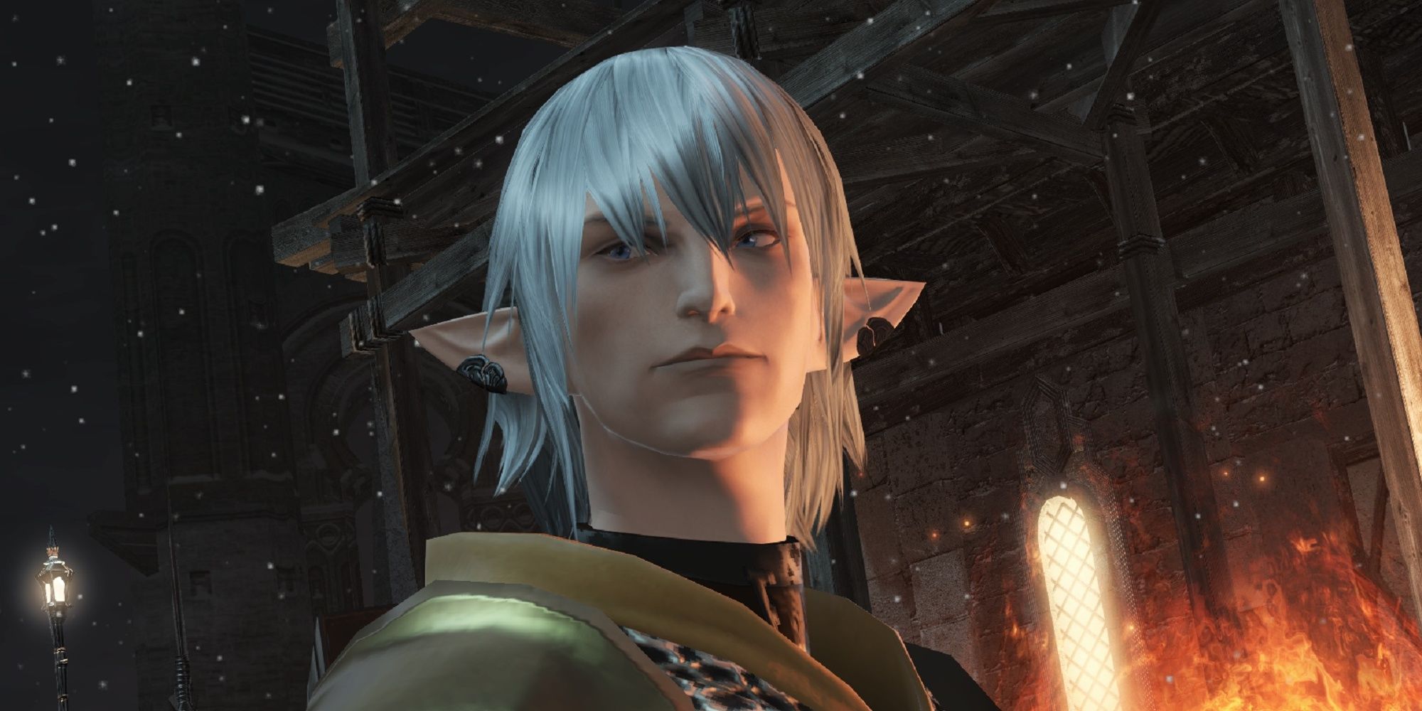 A headshot of the character Haurchefant with a bit of fire in background