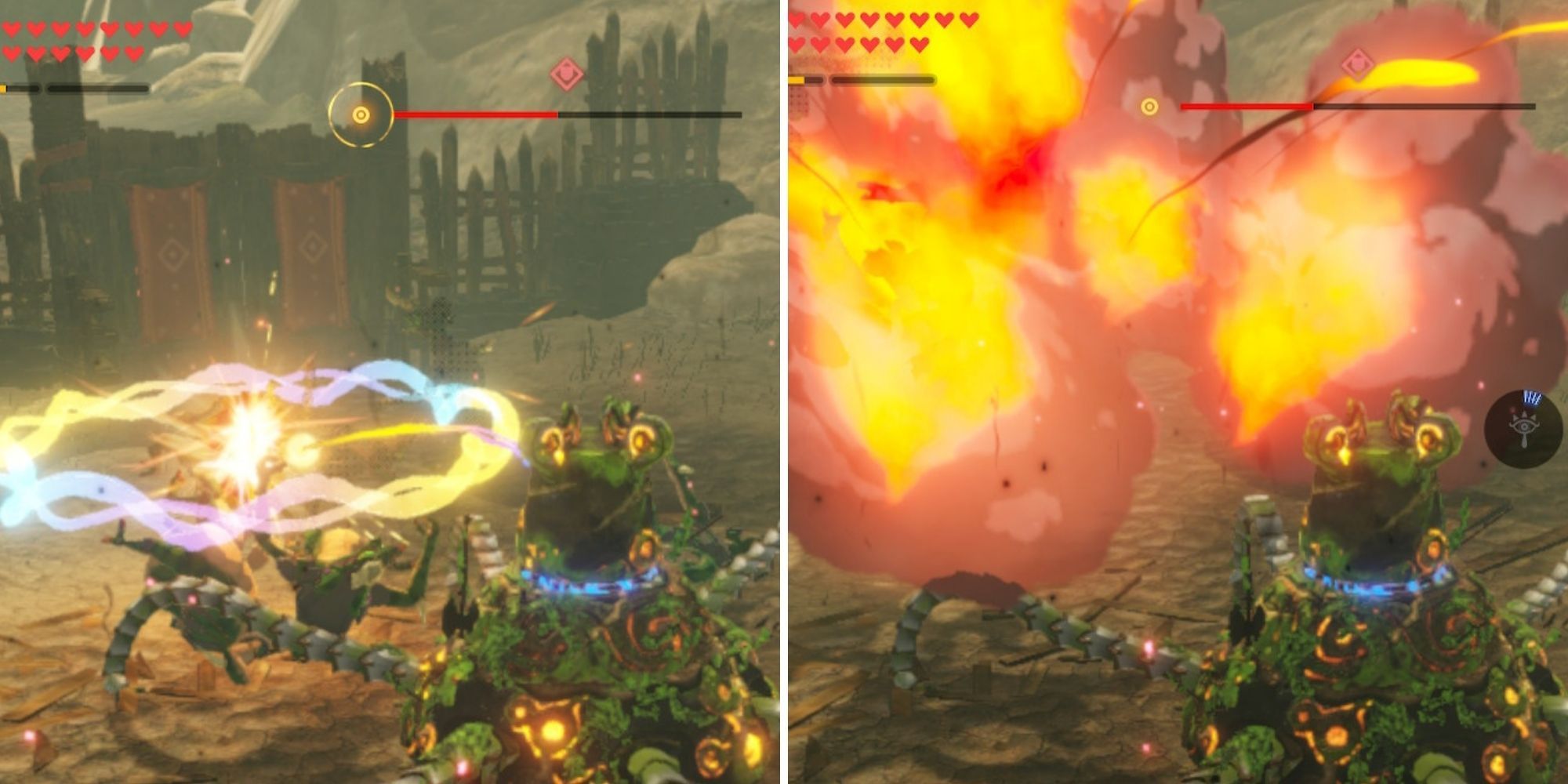 Hyrule Warriors Age of Calamity - Battle-Tested Guardian using Magnesis (mid-use on left, explosion on right)