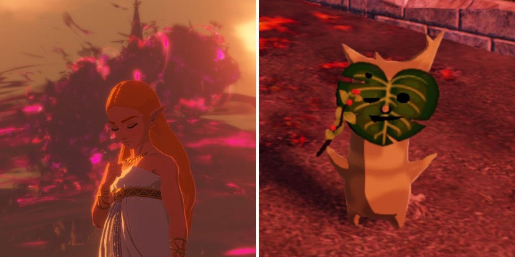 Hyrule Warriors Age of Calamity - Hyrule Castle and Zelda on Right, Korok on right