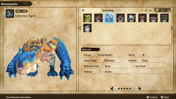 Monsterpedia page of the Grimclaw Tigrex on Monster Hunter Stories 2