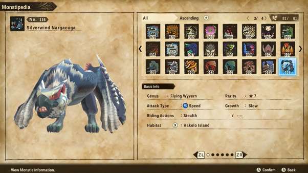Monsterpedia page of the Silverwind Nargacaga on Monster Hunter Stories 2