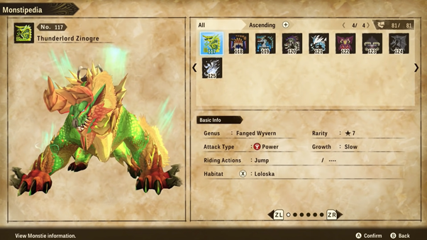 Monsterpedia page of the Thunderlord Zinogre on Monster Hunter Stories 2