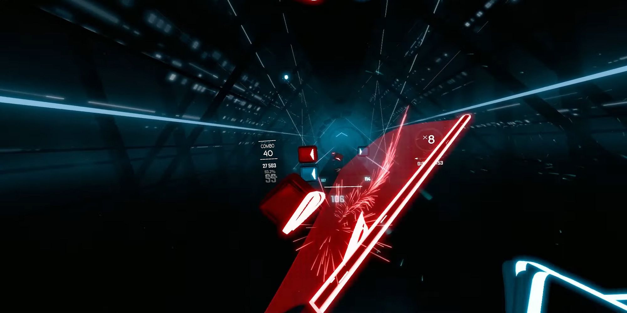 A Red Beatsaber Slices Through A Block In An Imagine Dragons Beatmap