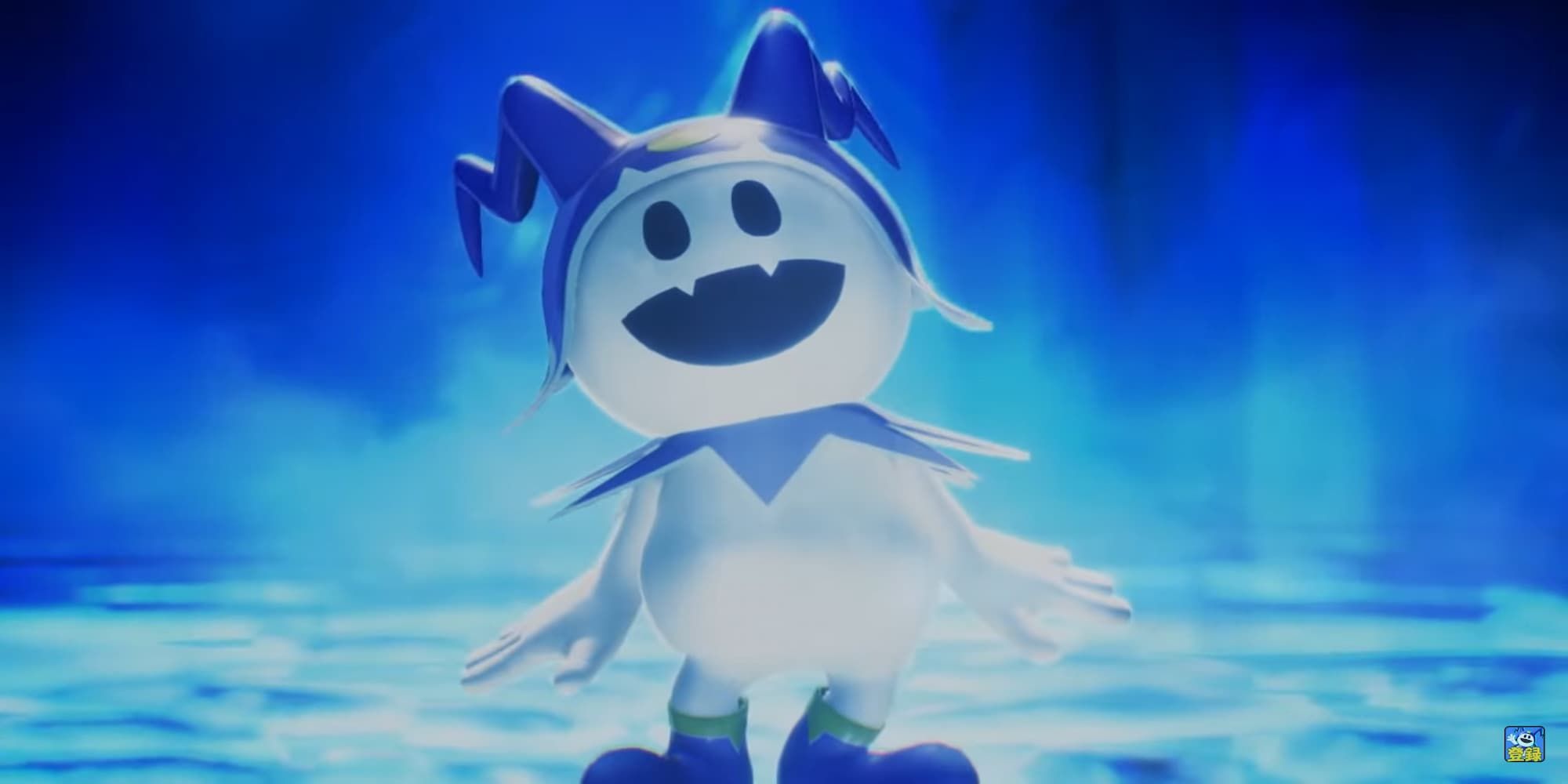 Jack Frost from Shin Megami Tensei 5 against a blue background a small snowman with black eyes large black mouth and blue hat and boots