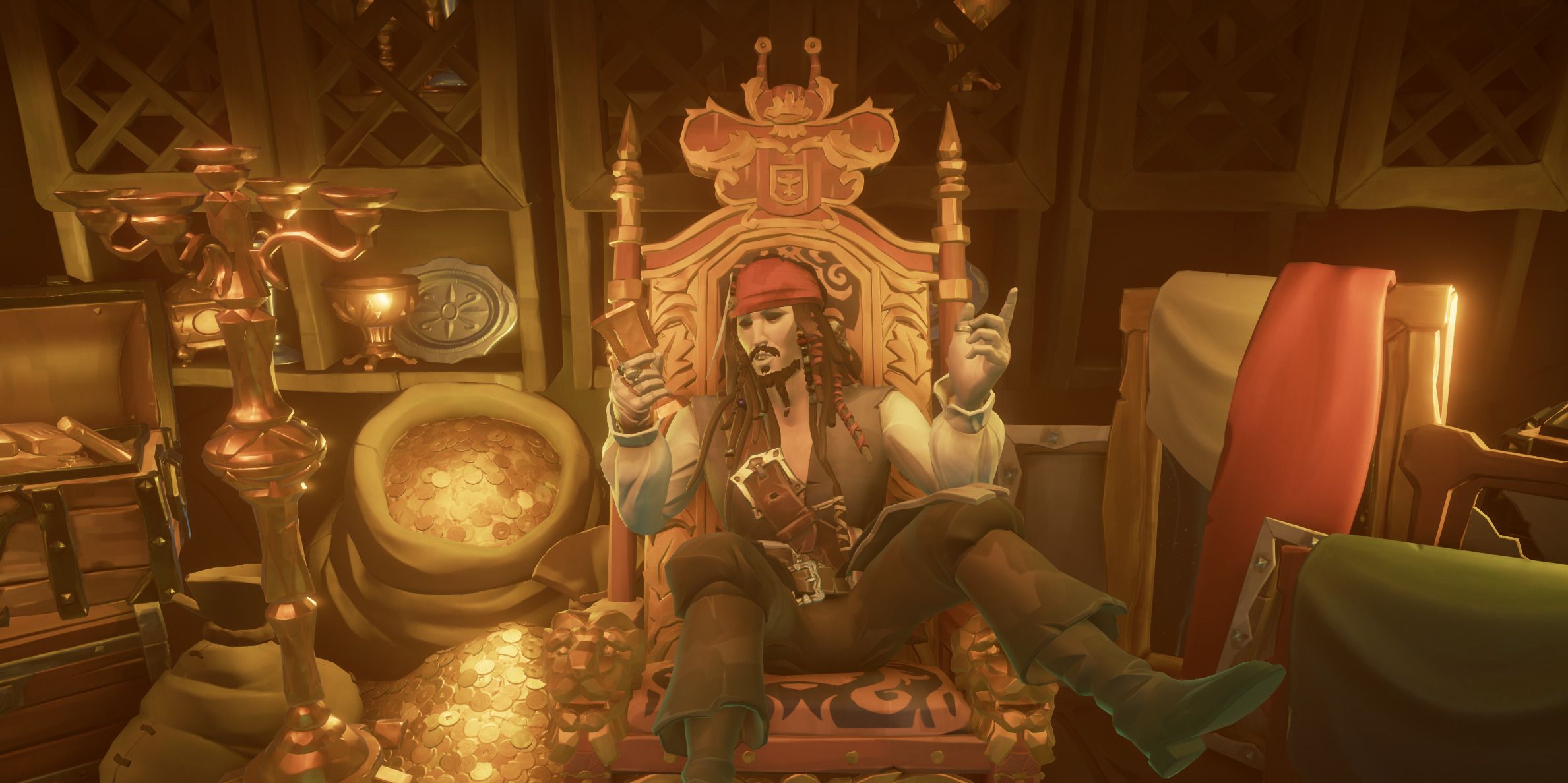 Jack Sparrow sitting on a throne surround by gold in Sea of Thieves: A Pirate's Life
