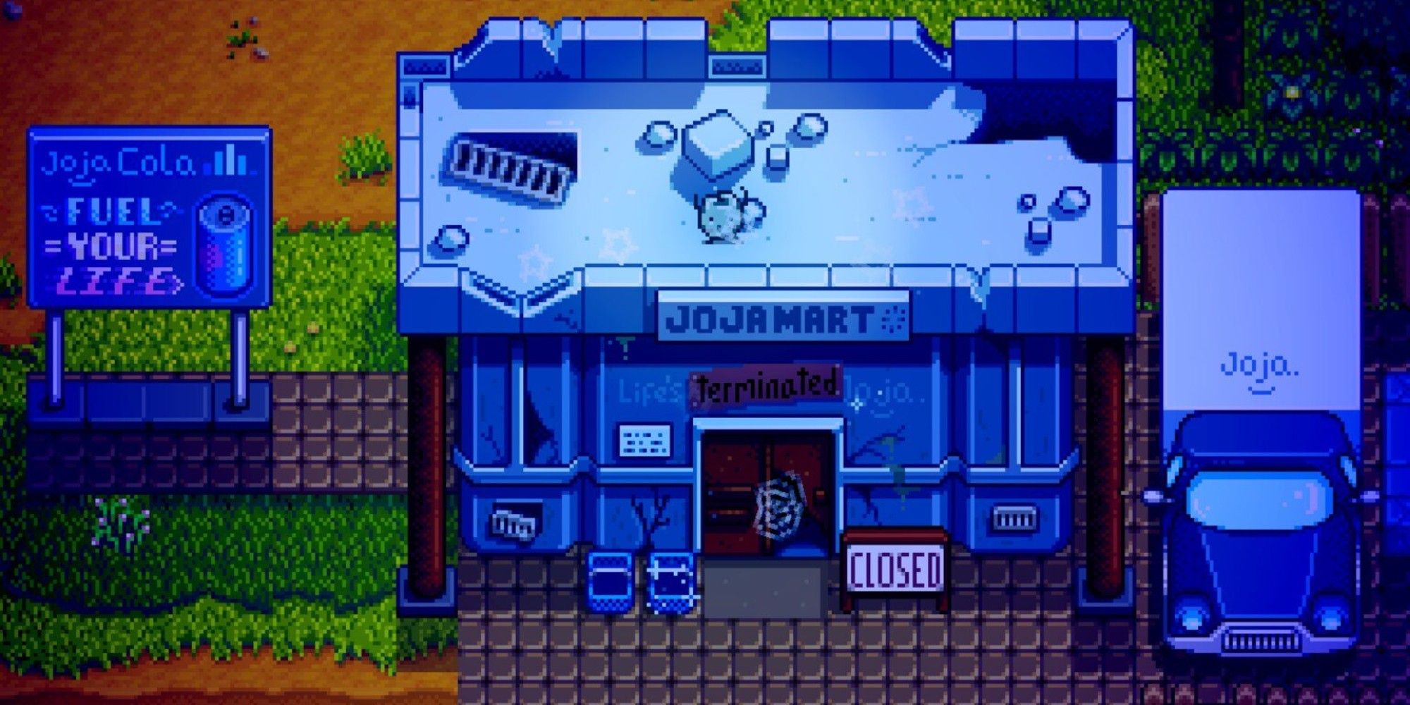 jojamart from Stardew valley at night abandoned