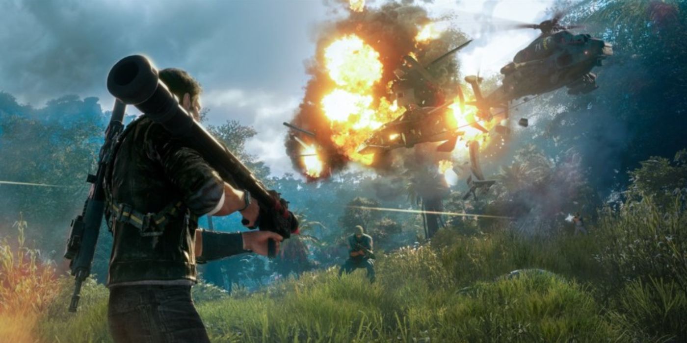 Rico with a rocket launcher in combat after blowing up a helicopter in Just Cause 4