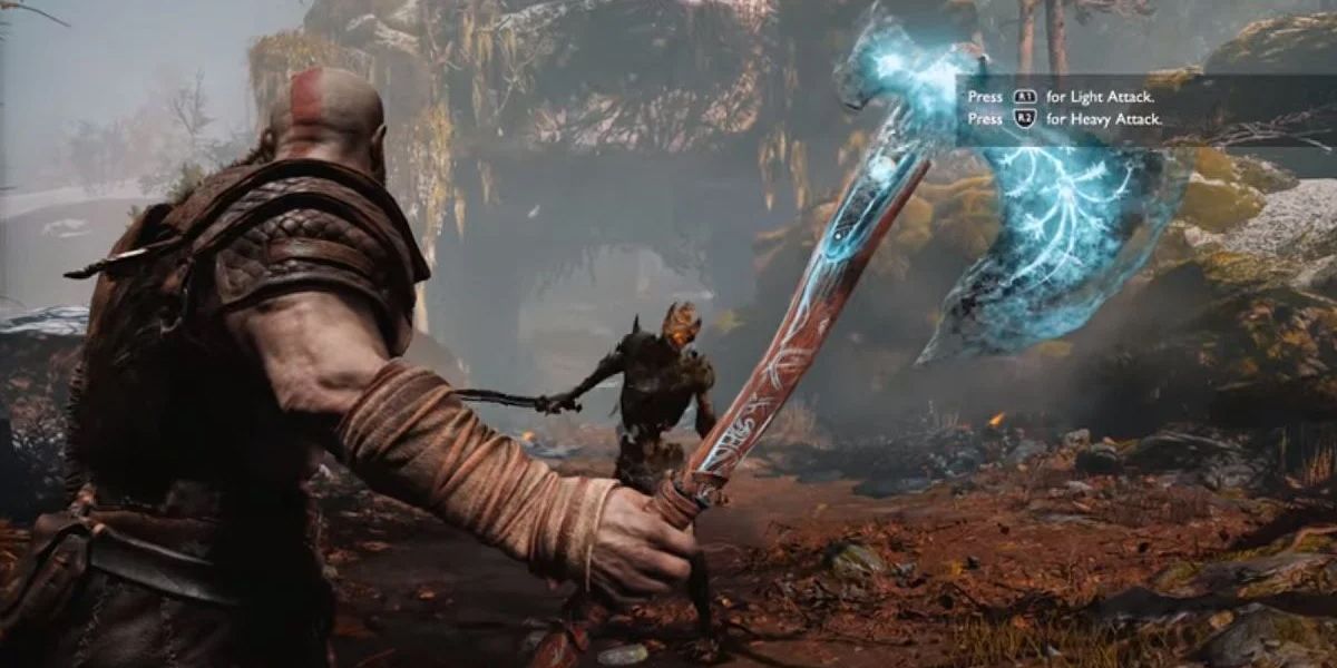 Kratos holding Axe at an enemy God of War