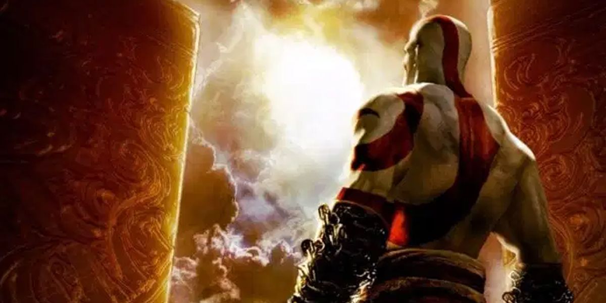 Kratos standing before doors God of War