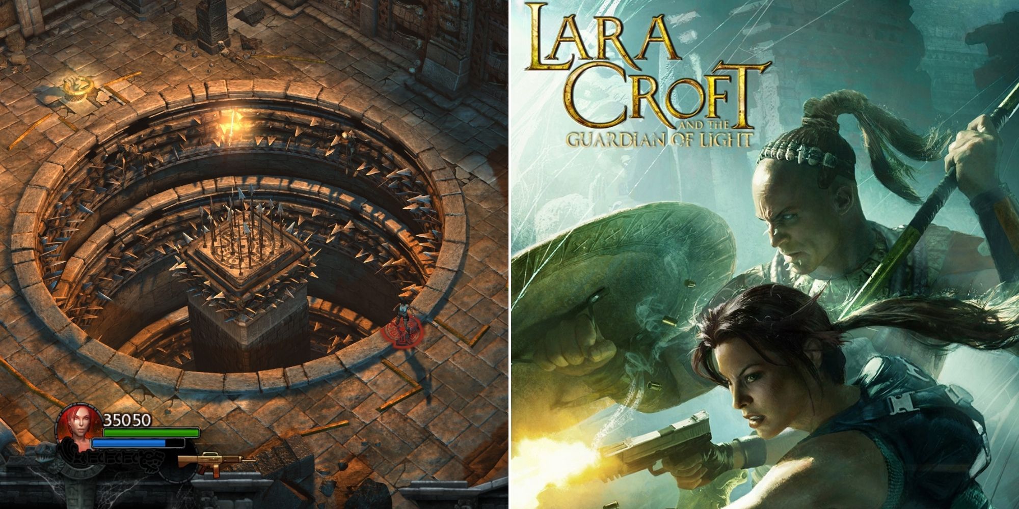 Lara Croft And The Guardian Of Light: Lara Croft standing before a spiked pit And The Cover Art With Lara Croft and Totec In Battle
