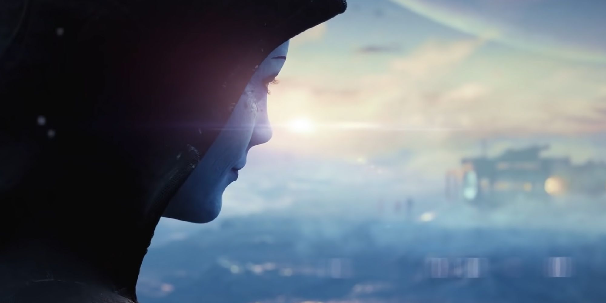 Liara looking out over a snowy landscape in Mass Effect trailer