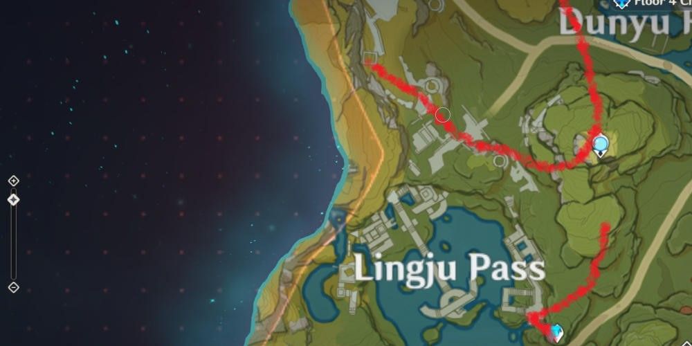 Genshin Impact: The farming route is highlighted as a red mark across the map of Liyue