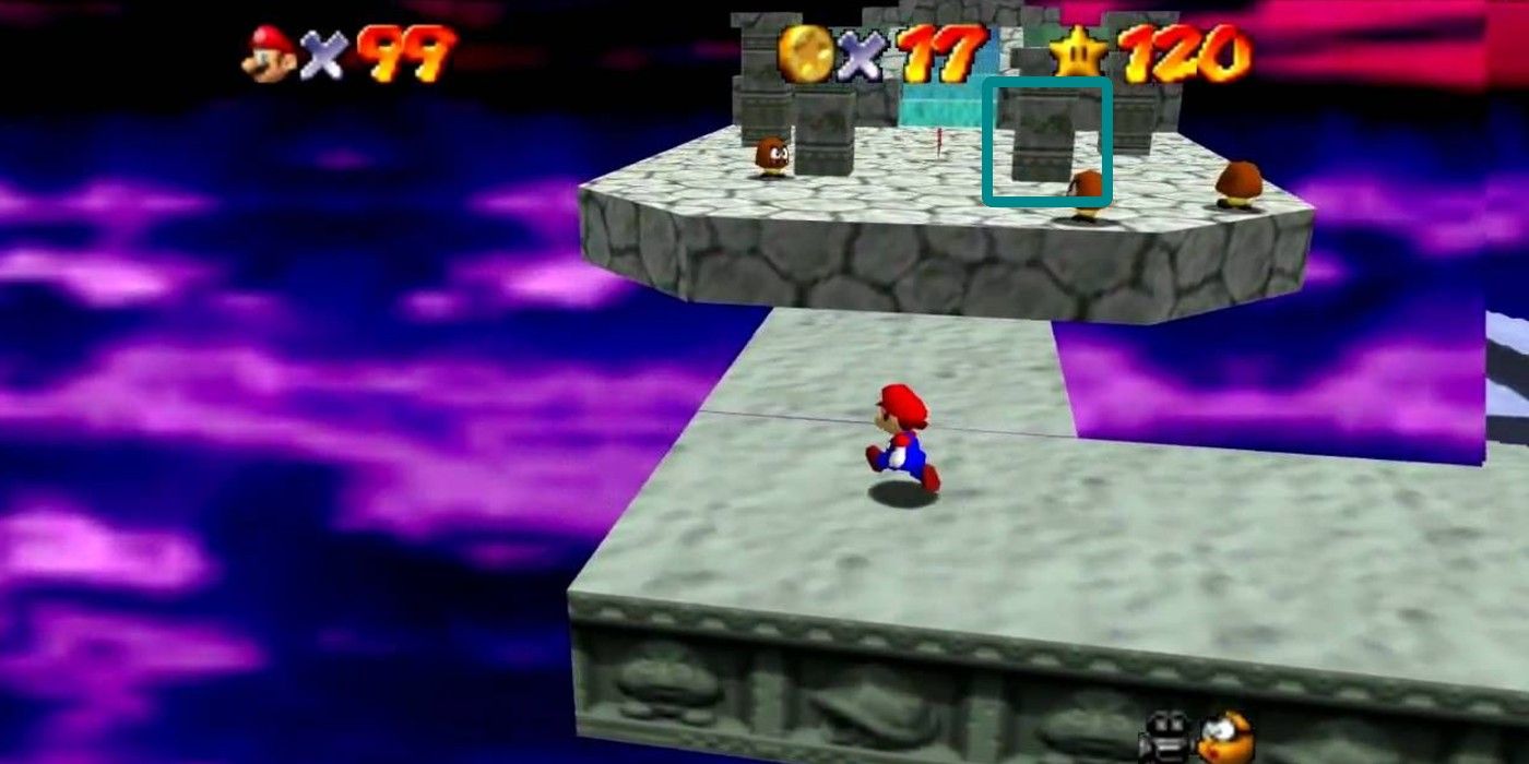 Super Mario 64 Bowser in the Sky platform with Goombas and pillars displaying Mario NES Bowser image