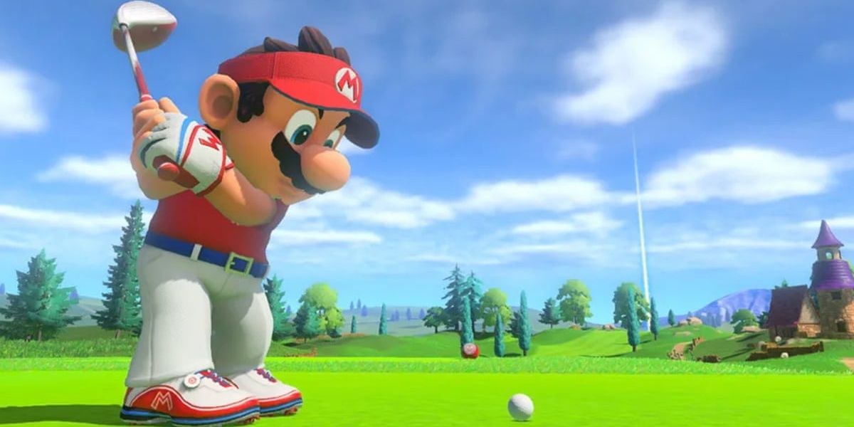 Mario playing golf alone in Mario Golf: Super Rush