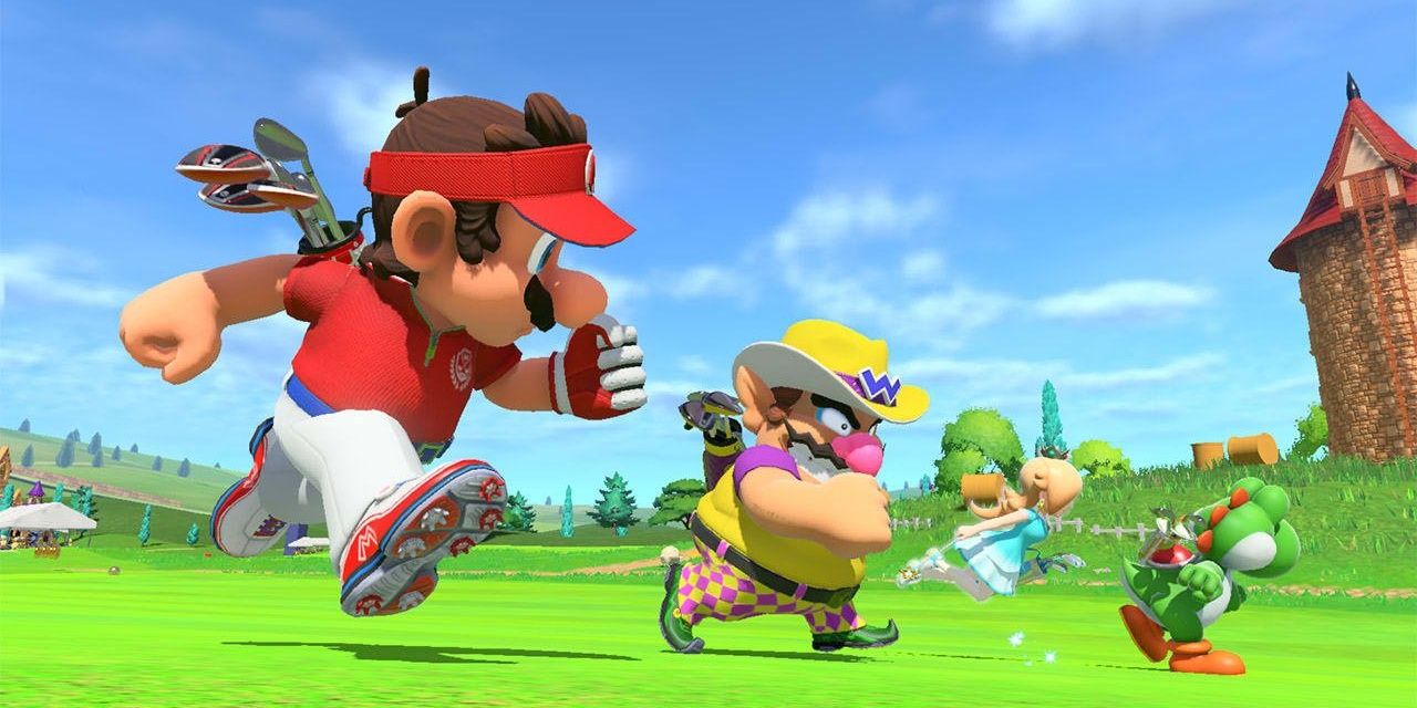 Mario, Wario, Rosalina, and Yoshi in Mario Golf: Super Rush Speed Golf