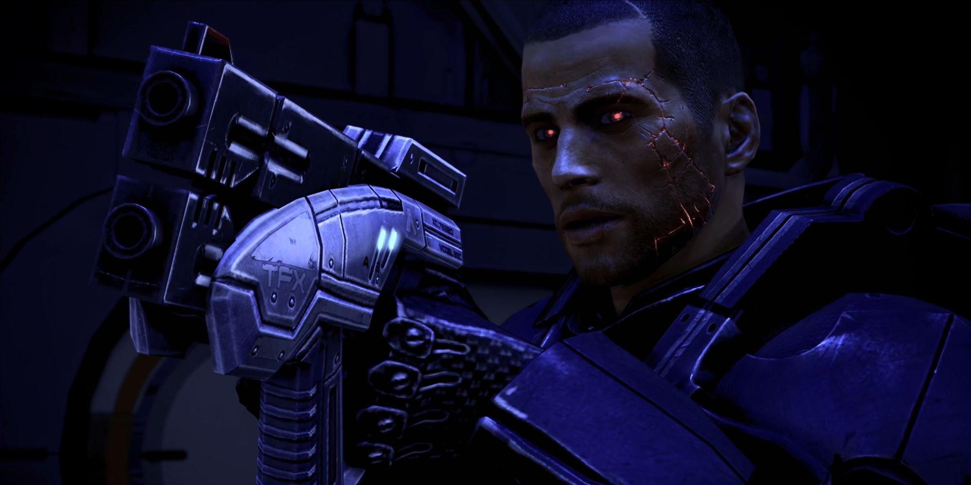 Mass Effect 3 Legendary Edition Screenshot Of Renegade Shepard Pointing Gun