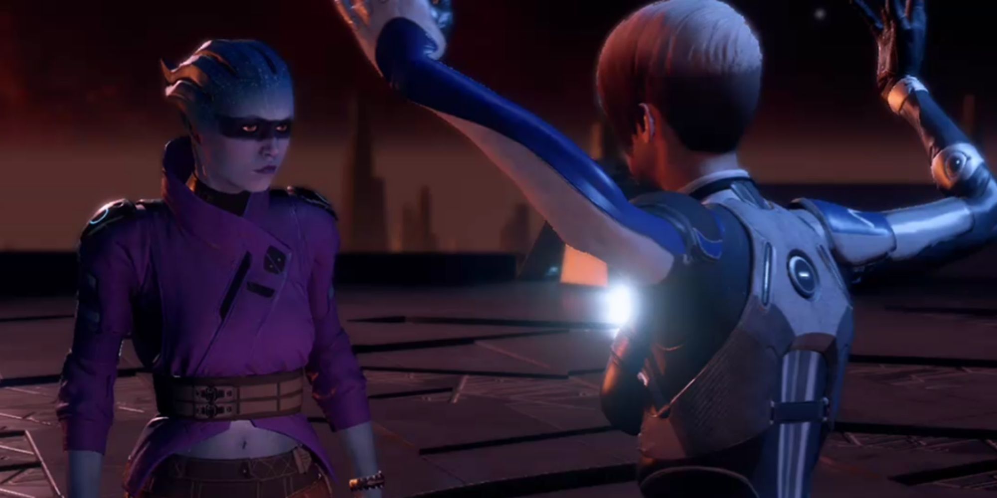Mass Effect Andromeda - Cora raising her arms with Peebee looking at her