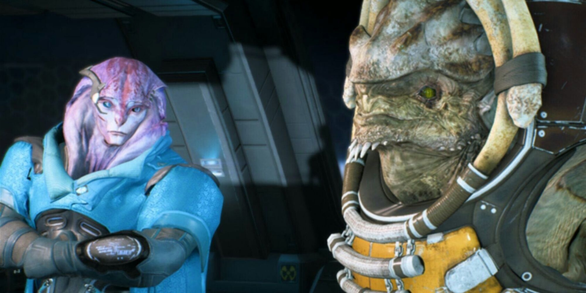 Mass Effect Andromeda - Drack and Jaal standing side by side