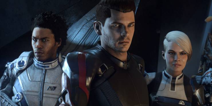 Mass Effect Andromeda - Liam and Cora flanking male Ryder in promo image