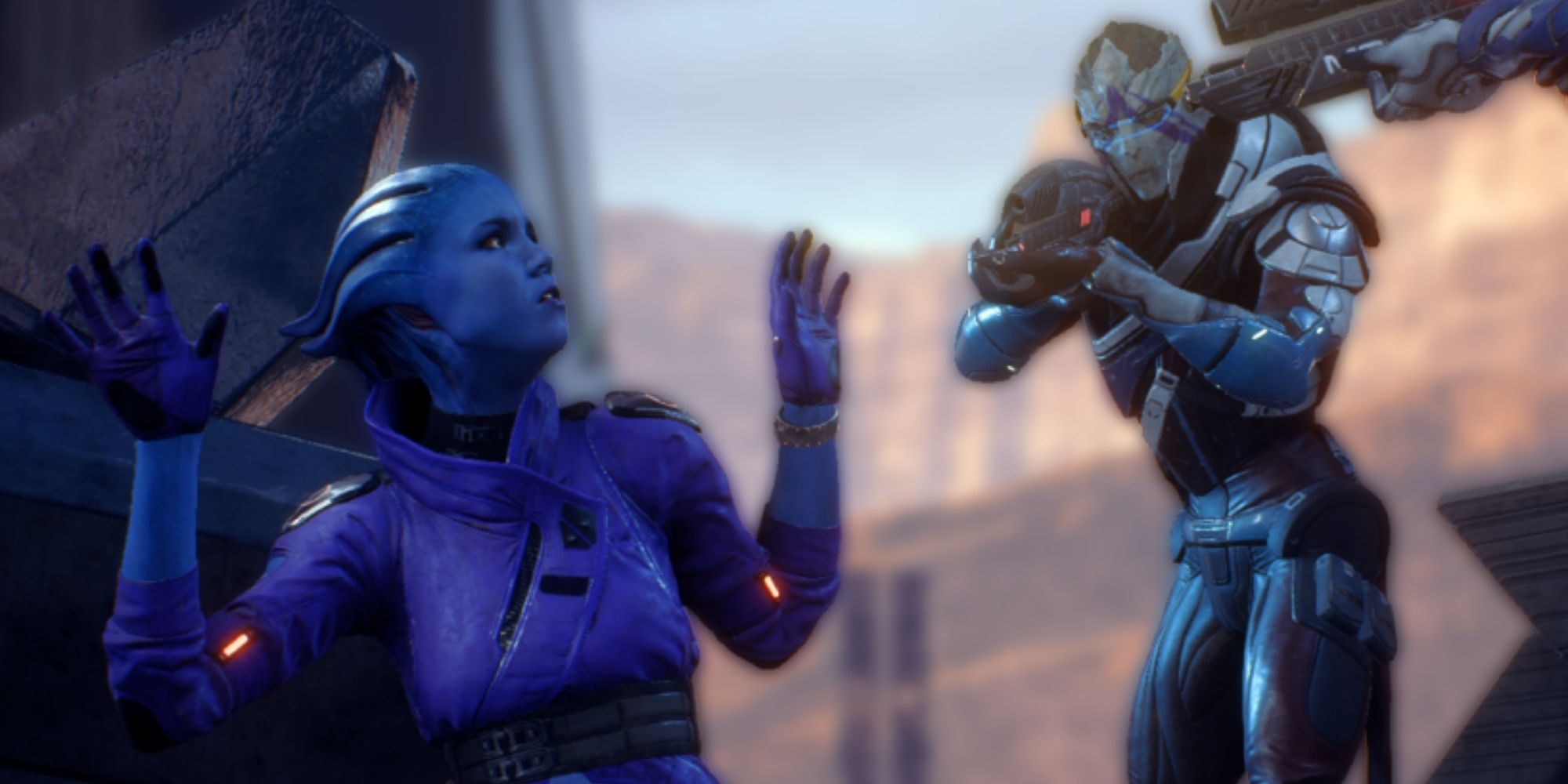 Mass Effect Andromeda - Peebee holding hands up, Vetra pointing gun at her