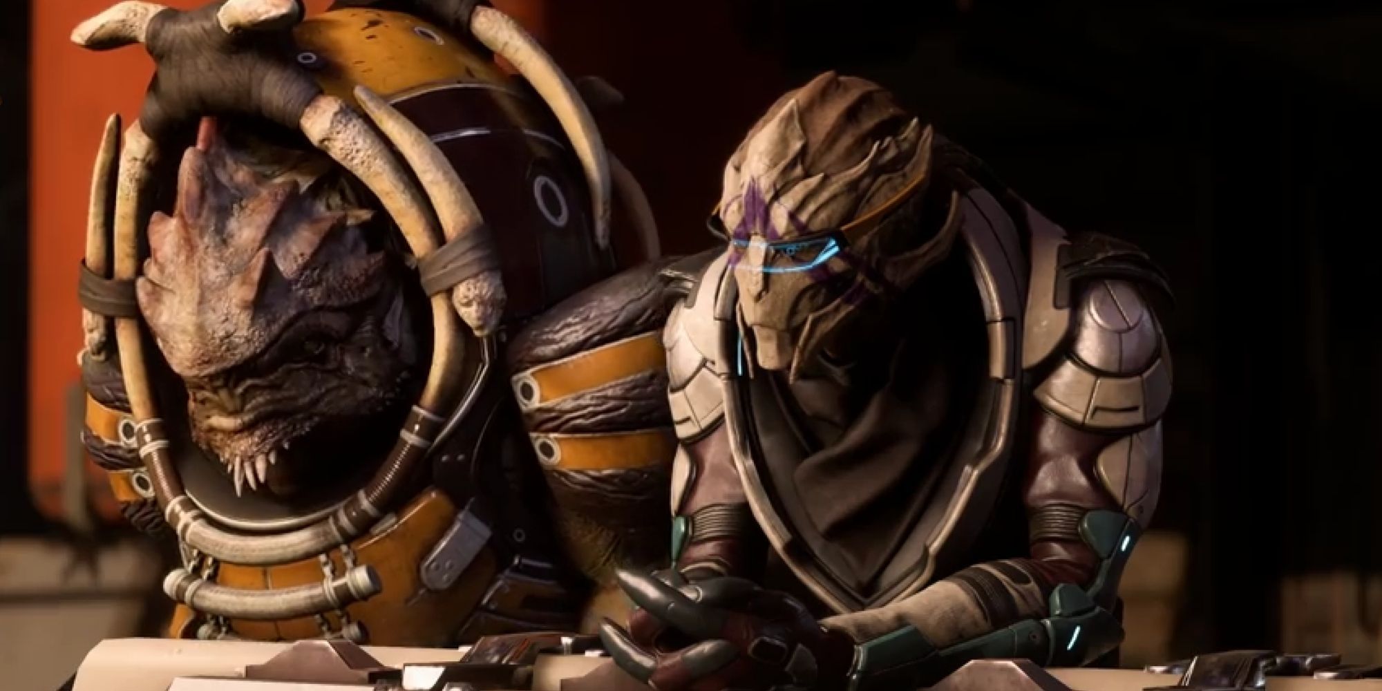 Mass Effect Andromeda - Vetra and Drack standing side-by-side
