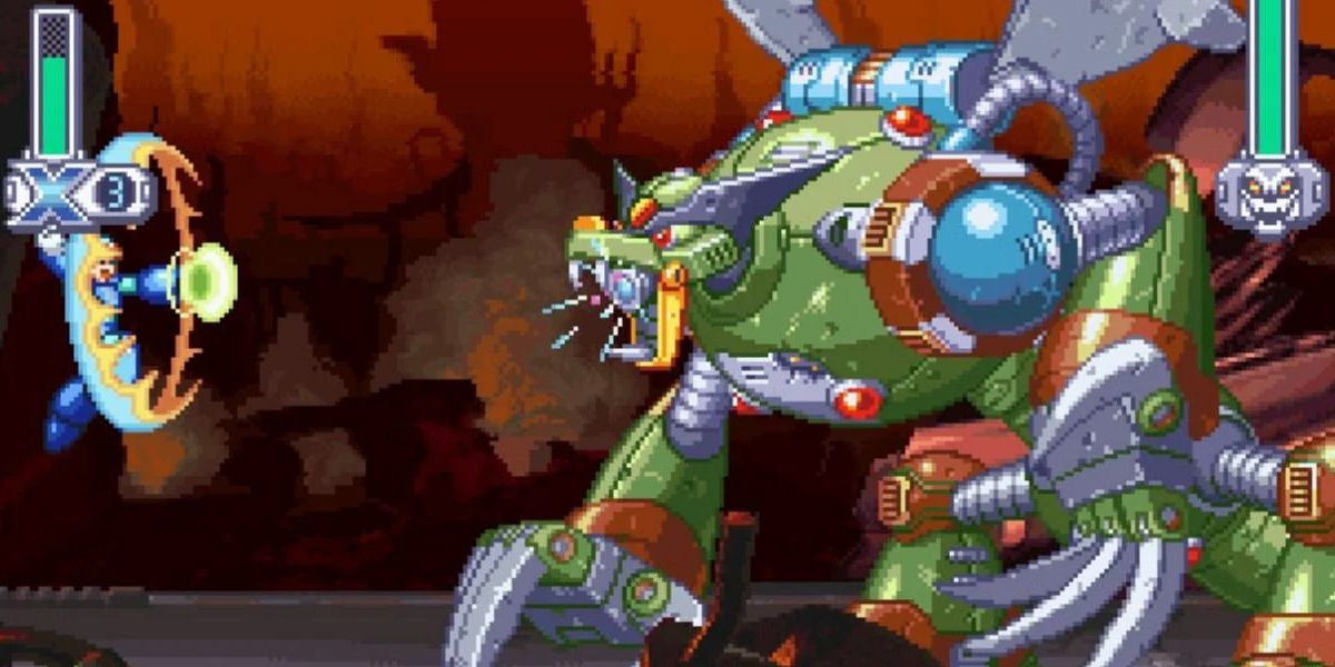 Mega Man X leaping and shooting  gigantic green mecha boss in Mega Man X4.