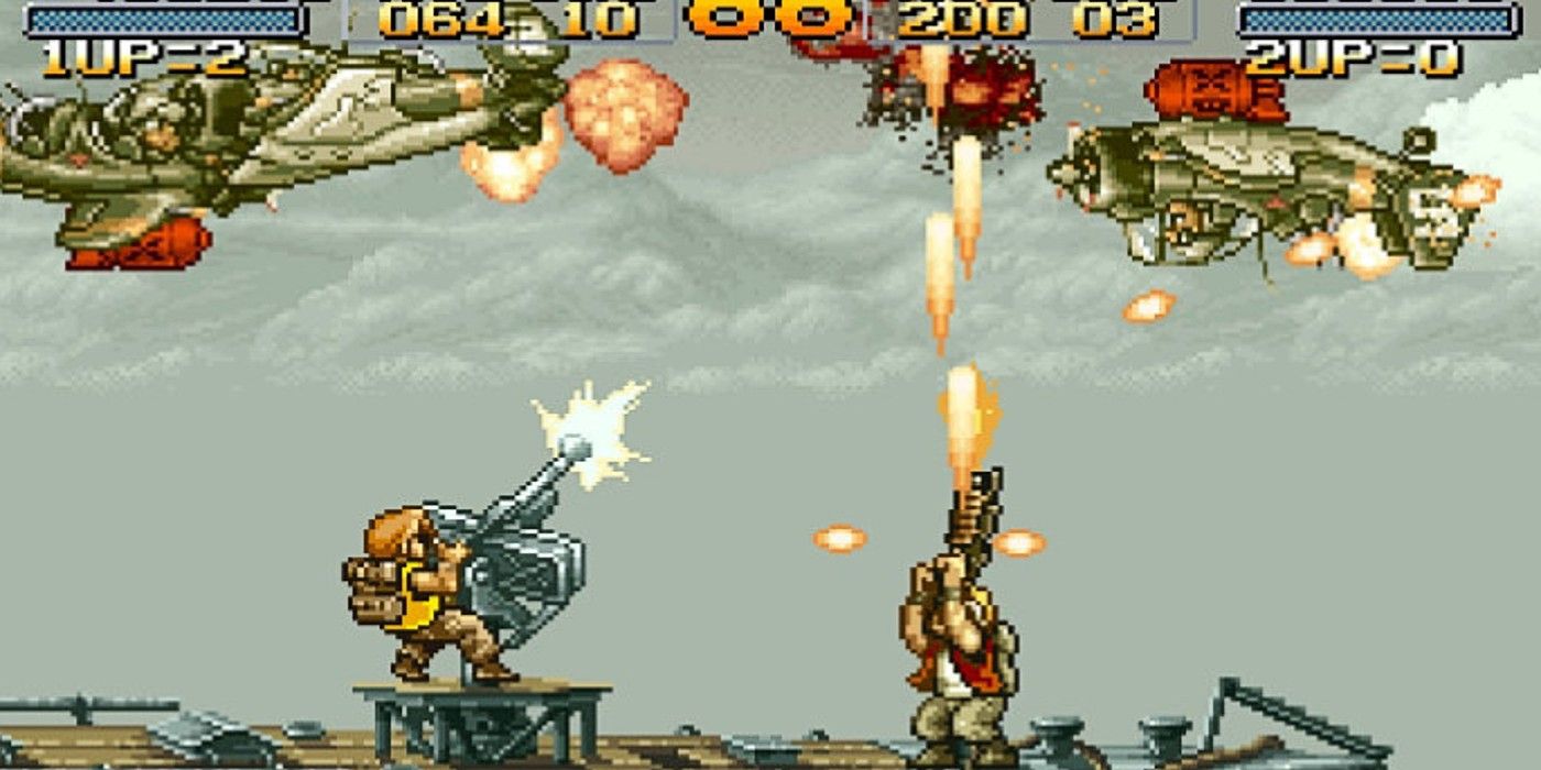 Two players firing at enemy planes in Metal Slug 1996