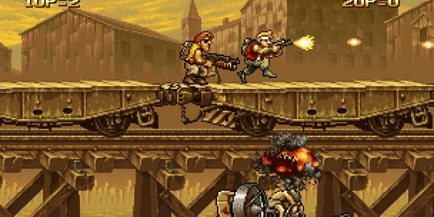 two players running and gunning on industrial railroad track with hovercraft enemy in Metal Slug 2