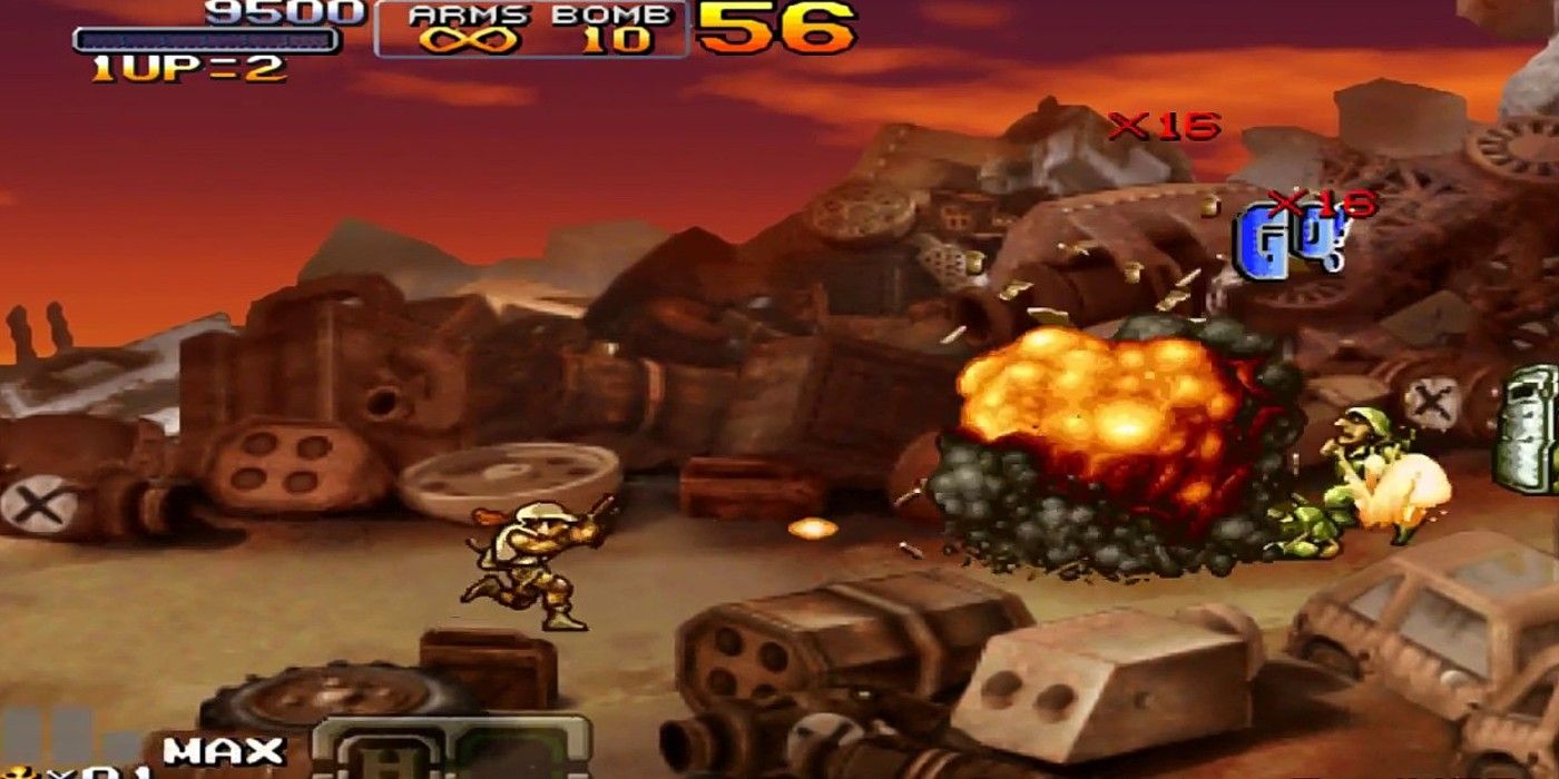 Metal Slug 7 running with gun through junkyard explosion