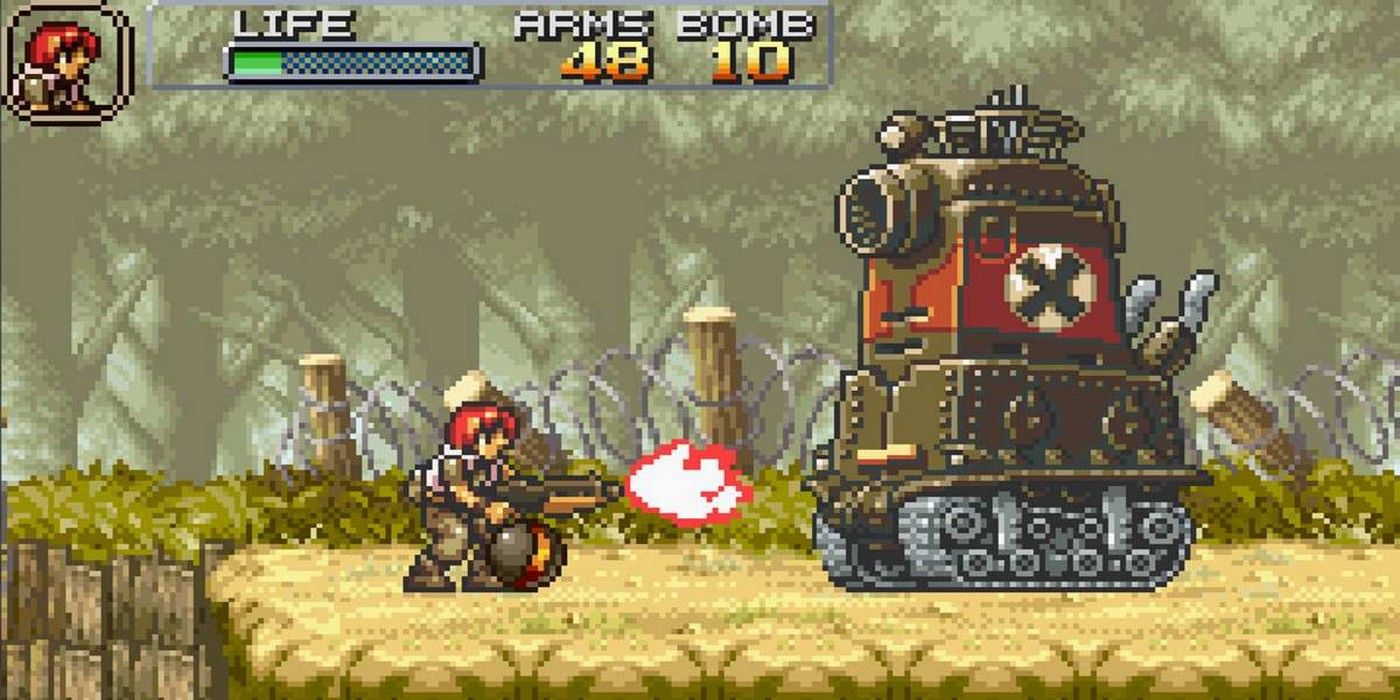 A soldier shooting against a tank in Metal Slug Advance