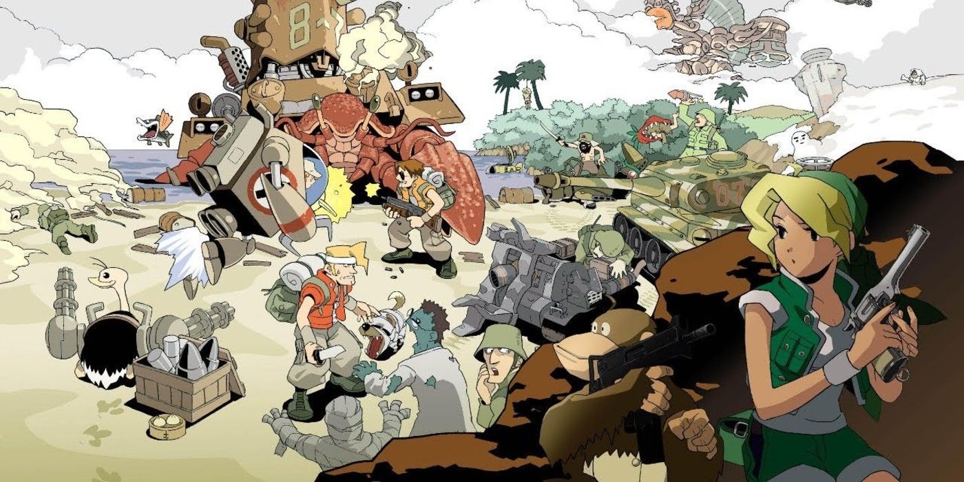 Metal Slug Anthology artwork on beach with characters and mechanical beast