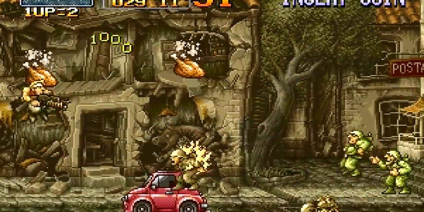 flaming creatures driving down wooded street in Metal Slug Super Vehicle 001