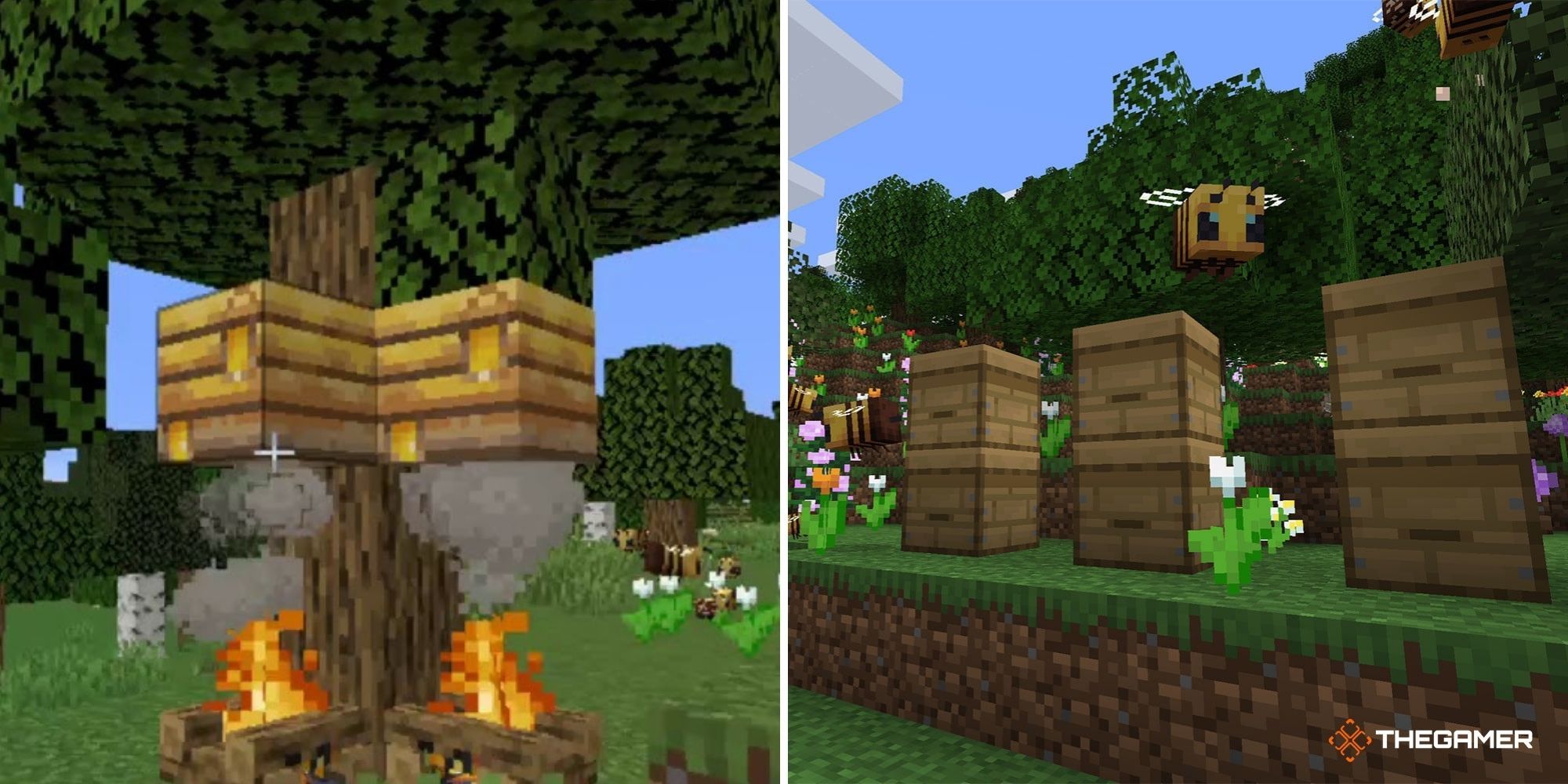 Minecraft Bees split image - bee nests on a tree (left), bees flying around beehives (right)