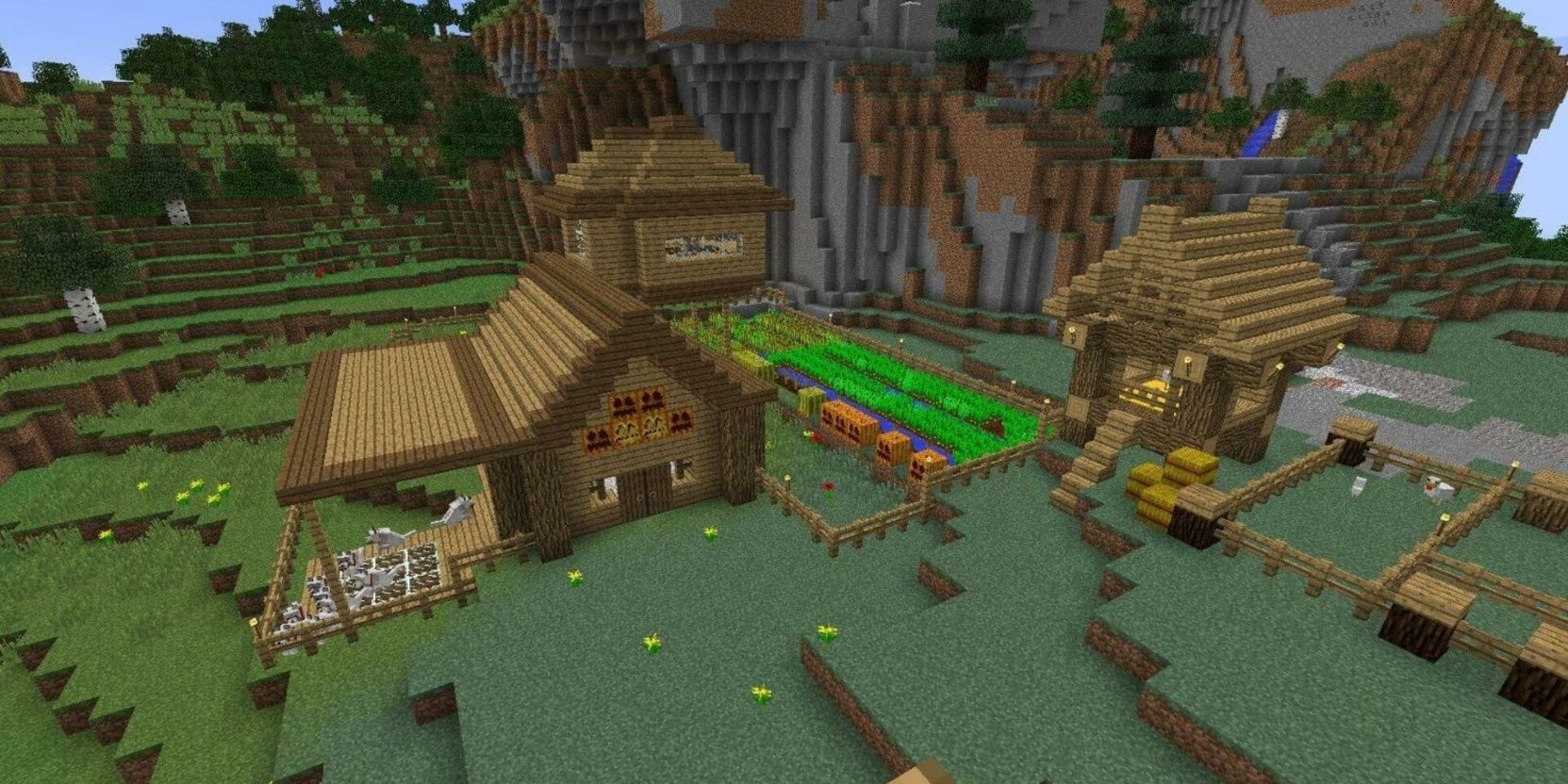 A few houses and farms in Minecraft