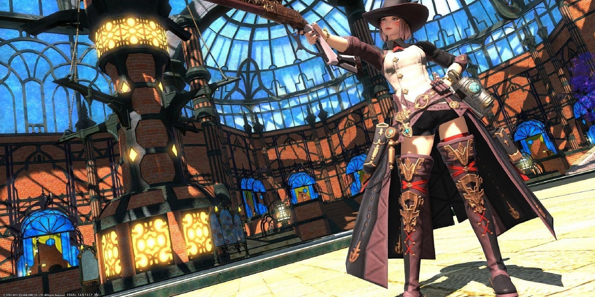 Miquote machinist posing and holding a gun forward with beautiful stained glass windows in background