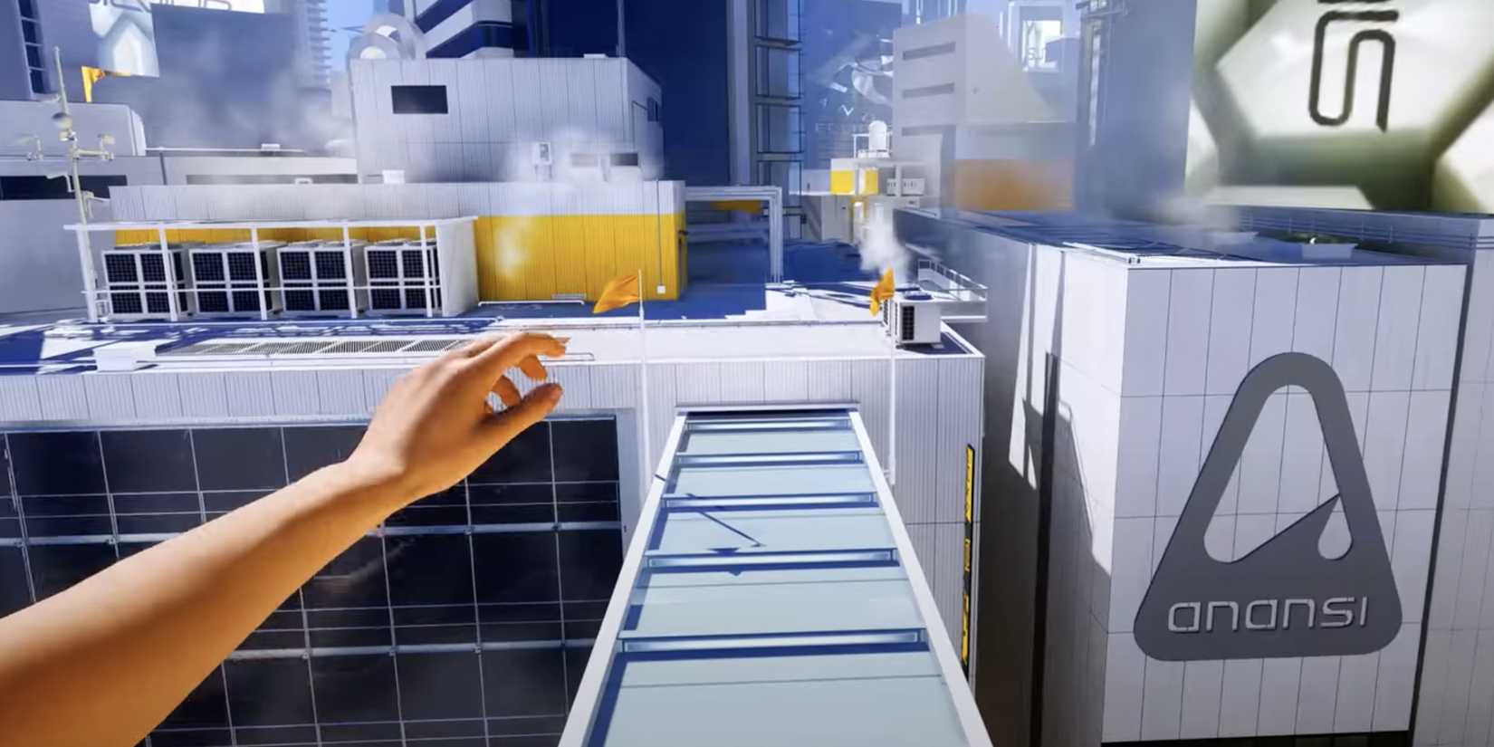 Faith that skips a narrow roof edge near Anansi Corporation in City of Glass from Mirror's Edge: Catalyst.
